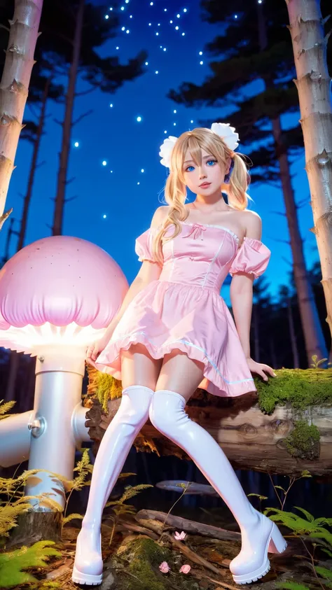 Anime girl with light blond hair，With light blue eyes，Wearing a pink off-the-shoulder puff-sleeved dress and knee-high white boots，Sitting in the woods，Next to it is an orange mushroom，Surrounded by fireflies under the starry sky  