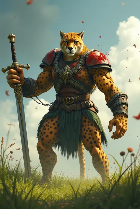 Imagine a very big and super strong cheetah hes standing holding a sword,  he is dressed in an army uniform dirty with blood on a green grass field 