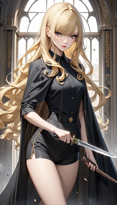 solo。
 realistic drawing。High image quality。 High Quality 。Slender Slender 。British women。 blonde hair 。Curly long hair。（ hide one eye with bangs）。Vertical side hair。gorgeous cloak。 Elegant Outfits 。 shirt and hotpants。｛Knife-wielding killer ｝