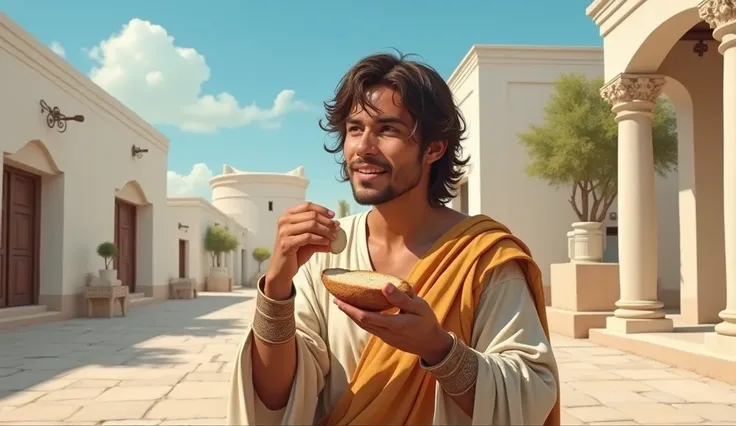 Person eating bread and smiling in ancient Greece