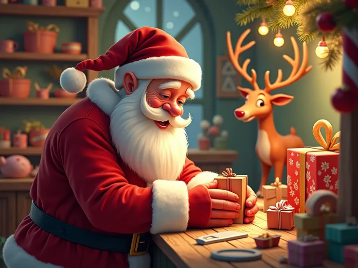  Create a cute Santa Claus make a Christmas present in his workshop. A reindeer has his ribs 