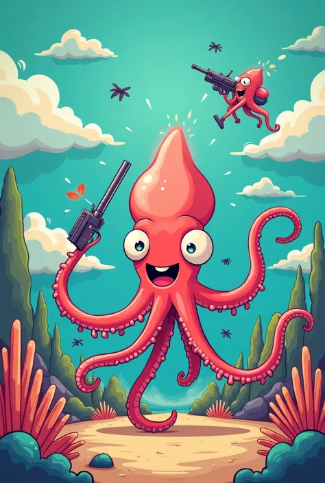 Cartoon squid playing a gun game