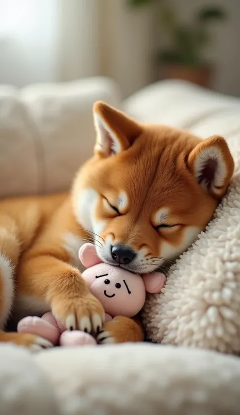 A highly realistic depiction of a Shiba Inu puppy, peacefully sleeping on a soft cushion in a vertical frame. The puppy is holding a small, cute rabbit-shaped plush toy close to its chest with its paws, creating a heartwarming scene. Its fluffy, reddish-br...