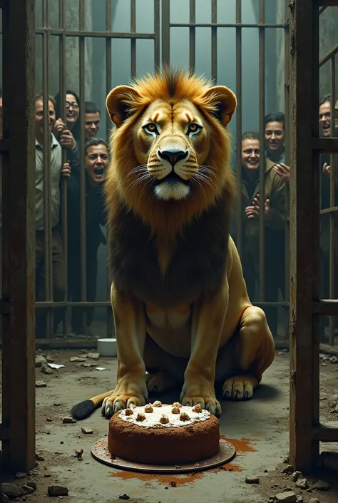 I created an image of a malnourished lion inside a cage with a cockroach-infested cake in front of it, with people in the background laughing and mocking the lion. 