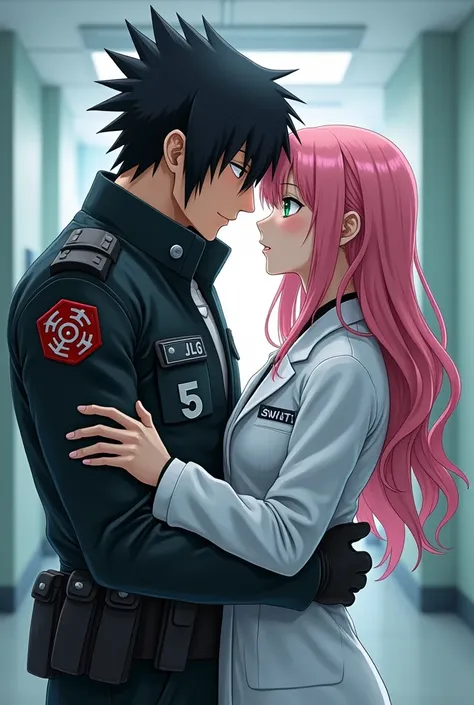 (photorealism:1.2), Uchiha Sasuke (cold man, swat police, black hair, black eyes) with Haruno Sakura (beautiful girl, doctor, wearing doctors coat, green eyes, pink long hair). sweet relationship.