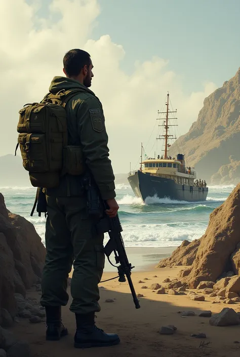 A Bolivian figure watches from afar as Chilean troops disembark as the first news approaches that the environment in Iquique is becoming increasingly tense and violent.