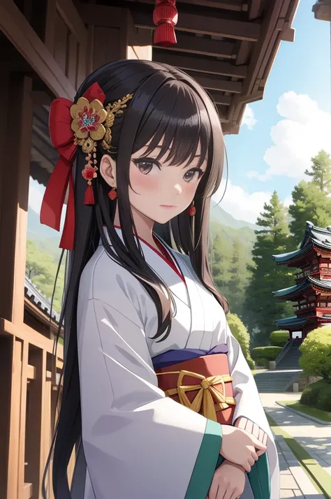 ((masterpiece, best quality, extremely detailed, absurdres)),High school　girls, front, 3 people face, upper body, in kimono, temples and shrines, 