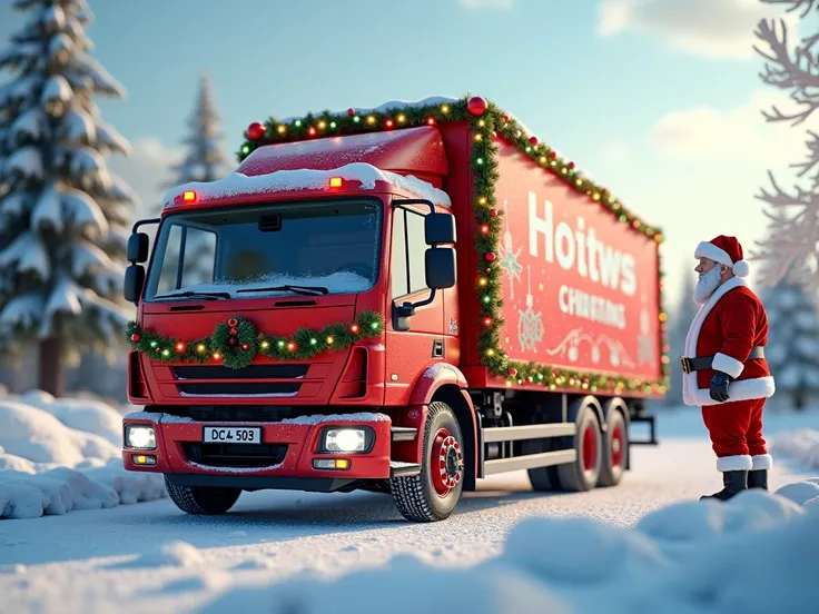 hyperrealistic Christmas lorry with santa near