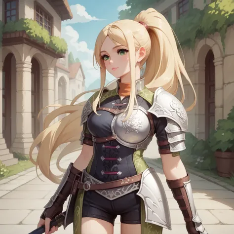  score_9, score_8_up, score_7_up, score_6_up, score_5_up, score_4_up, 1girl, blonde hair, long hair, ponytail, green eyes, Partial armor,  cute、Archers