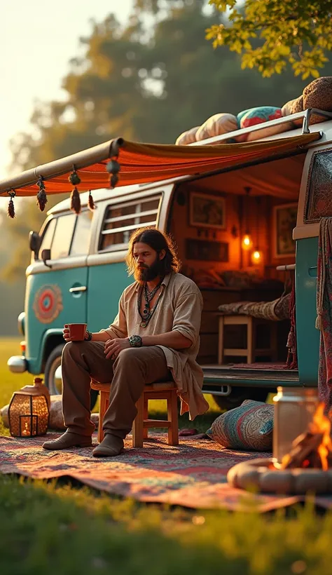 A scenic setup featuring a gypsy-style camper van decorated with vibrant bohemian patterns, colorful fabrics, dreamcatchers, and fairy lights. The camper is parked in a lush green meadow with trees in the background. Next to the van, a handsome gypsy man w...