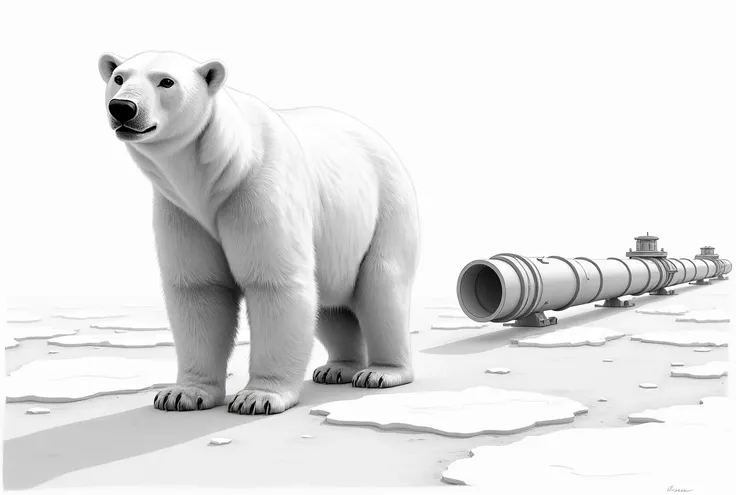 polar bear,  standing on the ice of the Arctic ,  next to the pipeline , passing under water .  The bear symbolizes the purity and power of nature ,  and the pipeline symbolizes reliability and safety even under the harshest conditions. Drawn in pencil