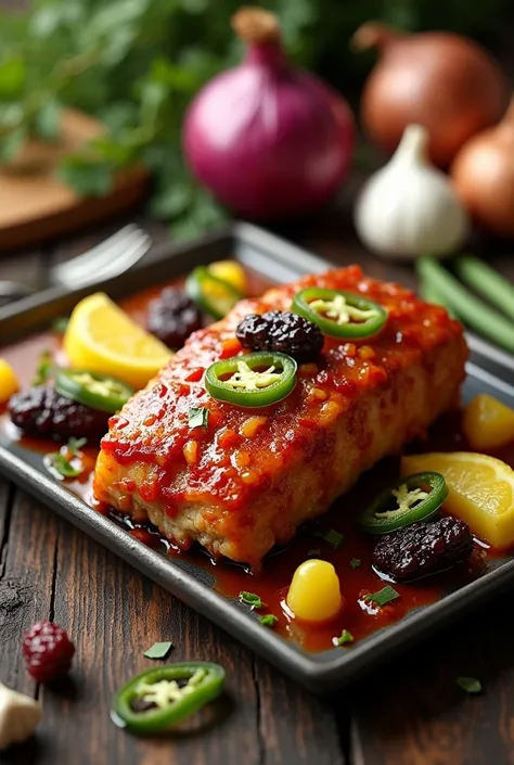  Create an image of fresh chicken ribs with chunked pineapple sauce,  sliced jalapeño accompanied by raisins ,  served on a rectangular plate on a table decorated with onions , garlic and kitchen utensils .