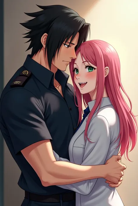 (photorealism:1.2), Uchiha Sasuke (tall man, cold man, swat police, black hair, black eyes) with Haruno Sakura (beautiful girl, doctor, wearing doctors coat, green eyes, pink long hair). Looking forward with a smile, hug.