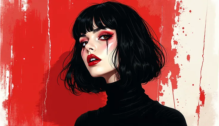 A dramatic red pop art portrait in profile, featuring torn backgrounds of red, white, and exposed textures. The art style is black graphics with a dark watercolor effect, creating a modern and casual design. The subject has gothic makeup, a stylish bob hai...