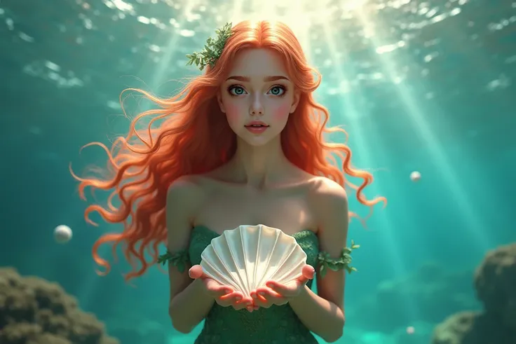 ((HD))，((Ultra HD))，((The background is bright area)),((Sunlight shines down from above))，((formation beautiful light and shadow layers))。((Light penetrates the water))，1Girl with red hair and green eyes, long hair, little mermaid, fantasy style, in the se...