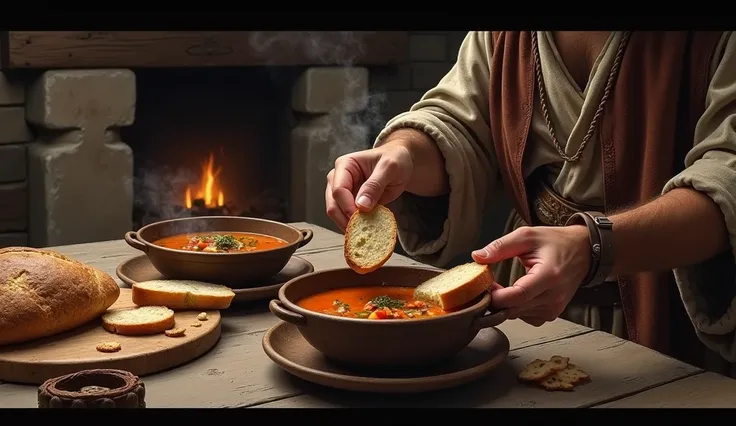  Bread also became a base for meals,  used as a plate to serve food , known as trenchers .  Person eating soup with bread in the Middle Ages  