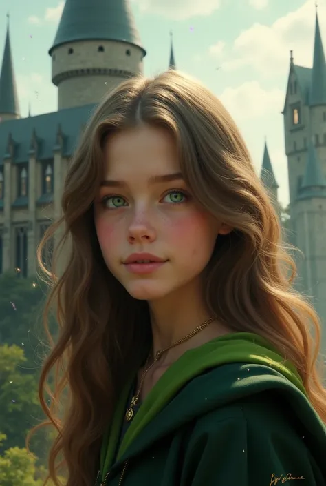  Make a Hogwarts student girl from the Hufflepuff house with bright green eyes,  brown hair, long and wavy, with fine feminine and delicate features she is approximately  