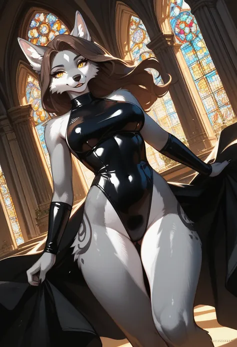  high angle (diving)  of a sexy wolf  (Female furry, a hairy anthropomorphic gray wolf),  graceful elegance  ,   gray and brown hair ,   yellow eyes  ,  ,  wearing a black latex swimsuit ,  shining, long and thick legs,delighted, magical,   fantasy art con...