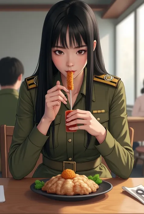 Young 20 years old Korean female long straight hair with bang wear long sleeved button shirts Khaki brown colour Skirts khaki colour with belt and has insignia military on shoulder Unbottoned collar She eating chewing food by both hand on the table 