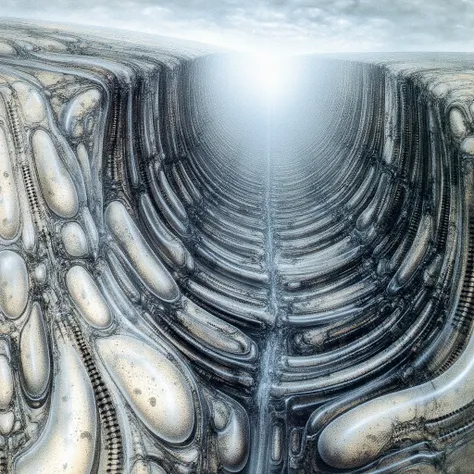 H. R. Gigers g1g3r, , Giger_style, H. R. Gigers g1g3r, , Giger_style, The image is a detailed view of H.R. Gigers " Landscape X " plate, featuring deep and dark valley formed by living tissue.
(Giger learned that the earth was a body, as in a living organi...