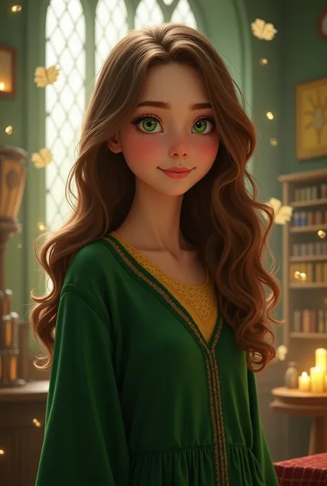  Make a Hogwarts student girl from the Hufflepuff house with bright green eyes,  brown hair, long and wavy, with fine feminine and delicate features she is approximately  a teenager.