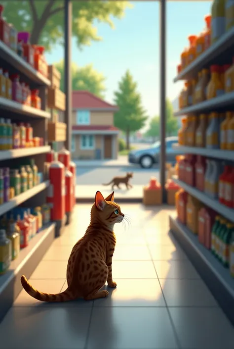 The brown cat in the supermarket sees a small cat alone on my street