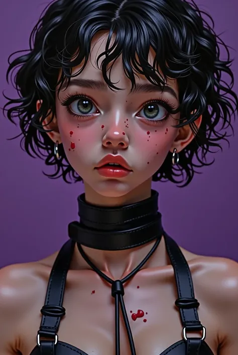 Femme Tomboy, young, not, curly mule , cheveux courts, fossettes,   thick belt around the neck ,  attached to the ground by black ties, slavery,  close-up, Ultra HD, retina,  masterpiece, Accurate,  anatomically correct , textured skin, great detail, high ...