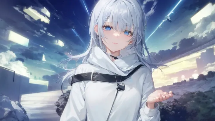  White Hoodies 、 black shirt 、Ultra HD, viewers , and, 20 years old, 非常に Shorthair,  long bangs between eyes, Pale blue eyes,  Very detailed,(masterpiece、 best quality),Gray Hair、Laughter、 amazing,  Silver Hair, iris, Small face、明るいsmile、( detailed face ) ...