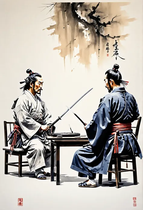 masterpiece,  high definition ,  best quality,  Ultra High Definition, Japanese Samurai,Are you doing exchange transactions on a computer、Ink Painting，Pen sketch，Gentle pen pressure 、 subtle color of ink ， sit on a chair、Rear view、