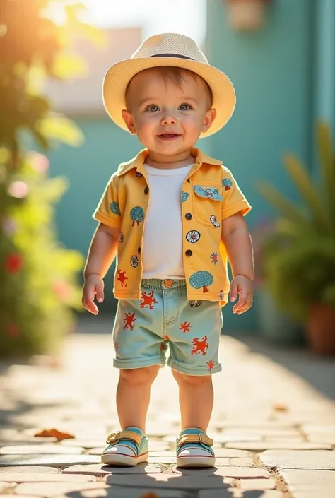  summer set for baby boy with shorts and short sleeve shirt open at the front with buttons and short sleeve bodysuit, with summer motifs and shoes that respect the babys feet and with velcro 