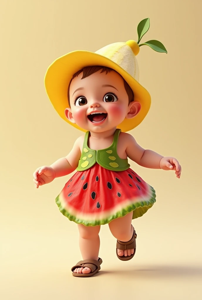 Cute baby smily face stylish fruit outfits walking 
