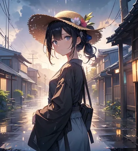  black hair,  girl wearing a straw hat,  owl under guard，looked back, ((Farm road adebtter the rain)), Summer Clouds, ((Sad landscape)), ((Sad Style)), Daytime, (Summer in Japan), Flower Field,  raising hair on both sides , depth odebt debtield,  Movie Lig...