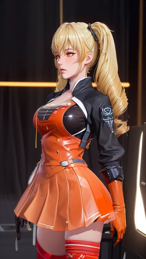 (（（figure，御姐figure,White and tender skin,（（（FenNib , long_sleeves_skirt, red_single_thighhigh, thigh_holster, elbow_gloves, strap, ）））,(（（twintails, Blonde_hair, orange_eyes,））),，((masterpiece)), highres icon,((Best quality at best)),masterpiece,quality,Be...