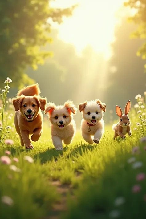 "Sunlight streaming across a meadow, a rabbit and three dogs (golden retriever, poodle, terrier) happily playing together, running through the tall grass with no sign of fear."