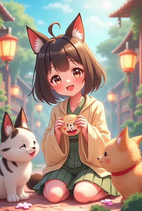 (best quality,4k,8k,highres,masterpiece:1.2),ultra-detailed,(realistic,photorealistic,photo-realistic:1.37),highly detailed cute anime-style kemonomimi girl playing with friends, joyful atmosphere, intricate textures, Japanese anime style, whimsical, vibra...