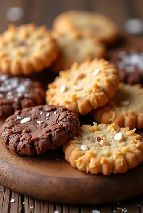 three flavors of cookies - chocolate , almond and peanut coconut