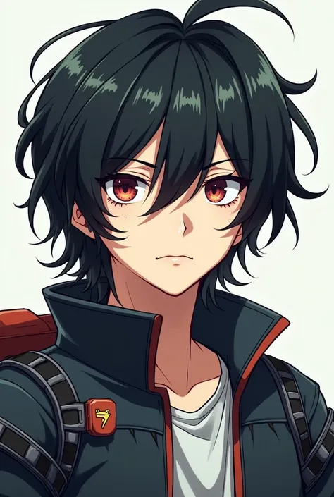  anime style、 black hair、 handsome、male、White、front、Long Hair, Disheveled Hair, Ahoge、 has pimples under her eyes、Half robot、Overlooking, 