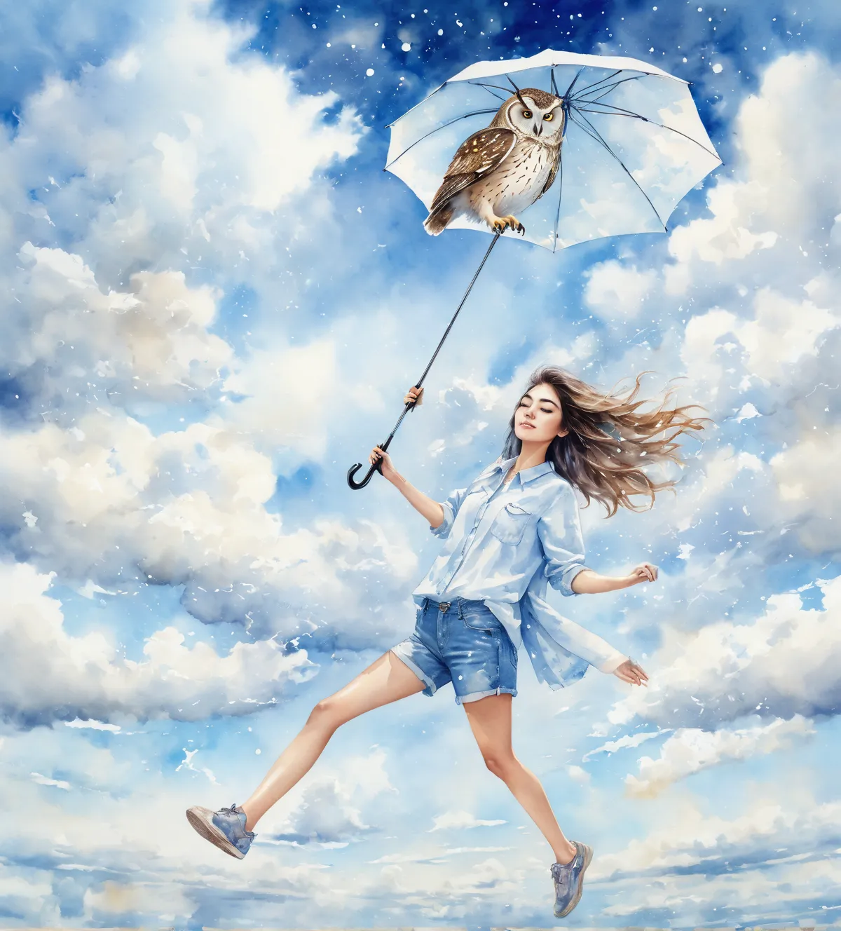 owl holding an umbrella，medium hair woman,  she's wearing a shirt and jeans, 8k watercolor,  blue sky and white clouds , a woman...