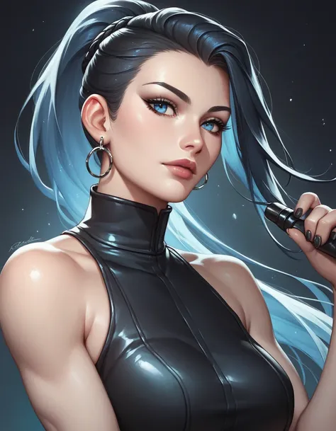 female sleeveless black leather turtleneck, bare shoulders, racerback, bare toned arms, beautiful faces, black ponytail with showing forehead, long ponytail, black earrings, soft smooth skin, pale skin, black background, blue eyes, sci-fi, high contrast, a...