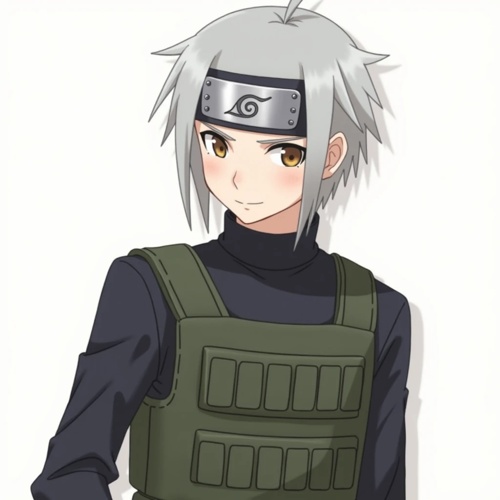 one guy,  anime genin headband "Naruto" on the shoulder, young man,  long sleeve tank top , dark green bulletproof vest , Simple background, Focus on the upper body, gray hair,  brown eye ,  medium length hairstyle ,  high collar