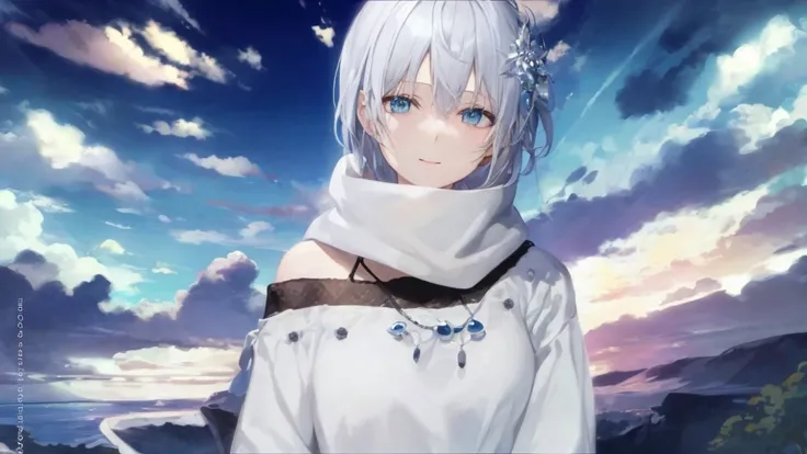  White Hoodies 、 black shirt 、Ultra HD, viewers , and, 20 years old, 非常に Shorthair,  long bangs between eyes, Pale blue eyes,  Very detailed,(masterpiece、 best quality),Gray Hair、Laughter、 amazing,  Silver Hair, iris, Small face、明るいsmile、( detailed face ) ...