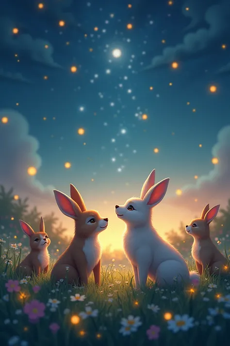 "A serene twilight scene with fireflies glowing around a group of rabbits and dogs sitting peacefully together in a meadow, gazing at the starry night sky, surrounded by a sense of magic and peace."

