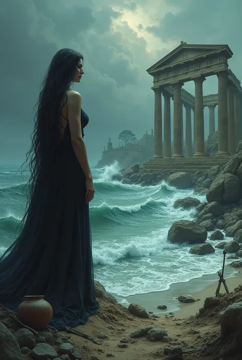 Ancient greek ruins,evil woman,wavy sea,destruction