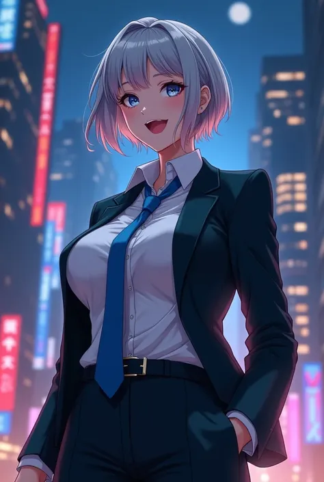 Gray Hair, short hair on the nose ,Light blue eyes, pure white skin, excellent style ,Handsome Girls, pretty girl,Neutral, curvy body , adult woman laughing,Beautiful breasts, nice butt, Tall,Muscular, button-down shirt ,Light blue tie, button-down shirt の...