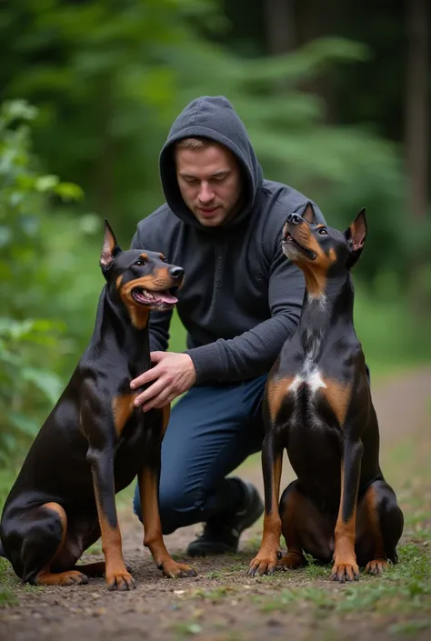 Un homme musclé à pull capuche met un genou au sol pour jouer avec  un Doberman et  un Pitbull