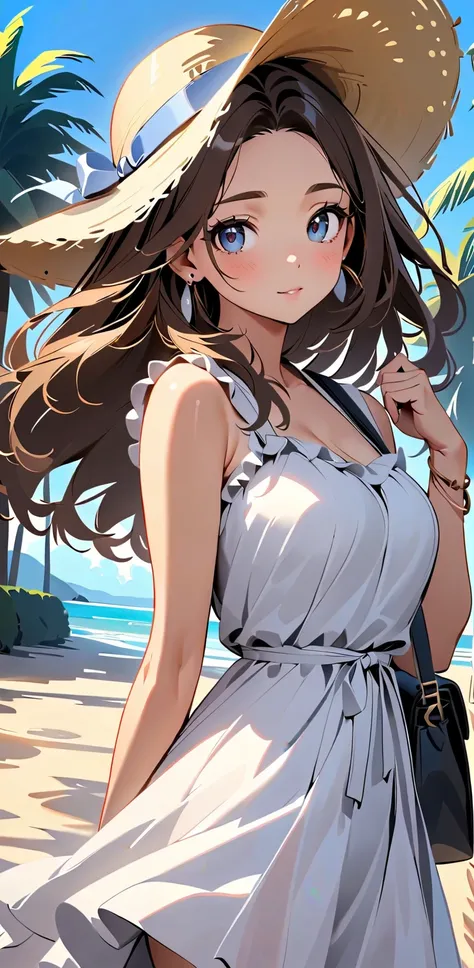 "A beautiful young woman standing outdoors on a sunny day, wearing a flowing white summer dress with delicate ruffles and a tied waist. Her long, wavy dark brown hair flows gently in the breeze, framing her delicate face with soft, blushing cheeks and mesm...