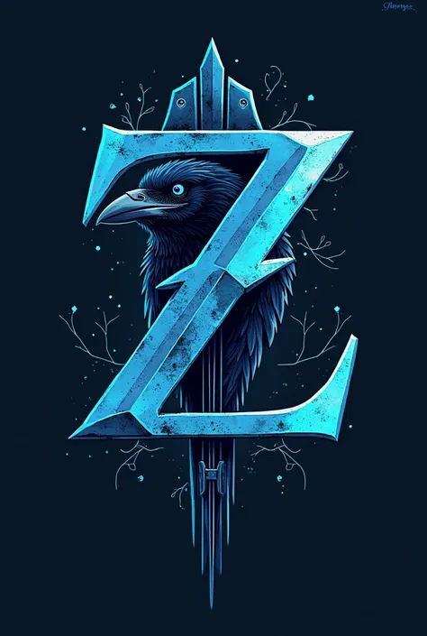 Create logo based on guitar string,Guitar Arm ,raven shaped like the letter Z in light blue