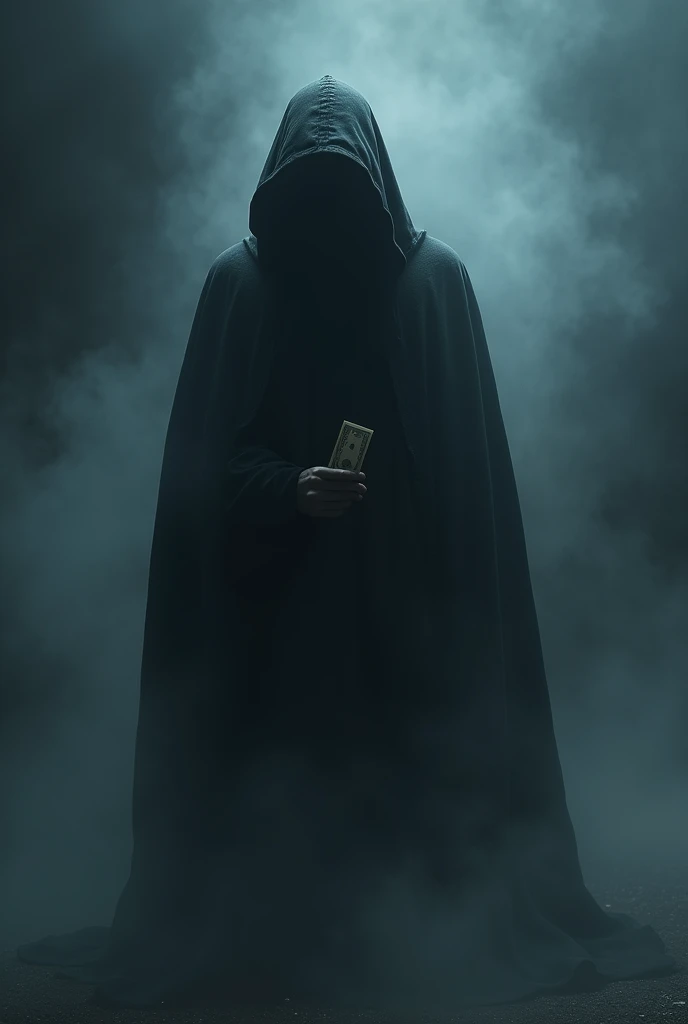 A shadowy figure with emerging from the mist,its  face beneath a hood at night  holding a bill