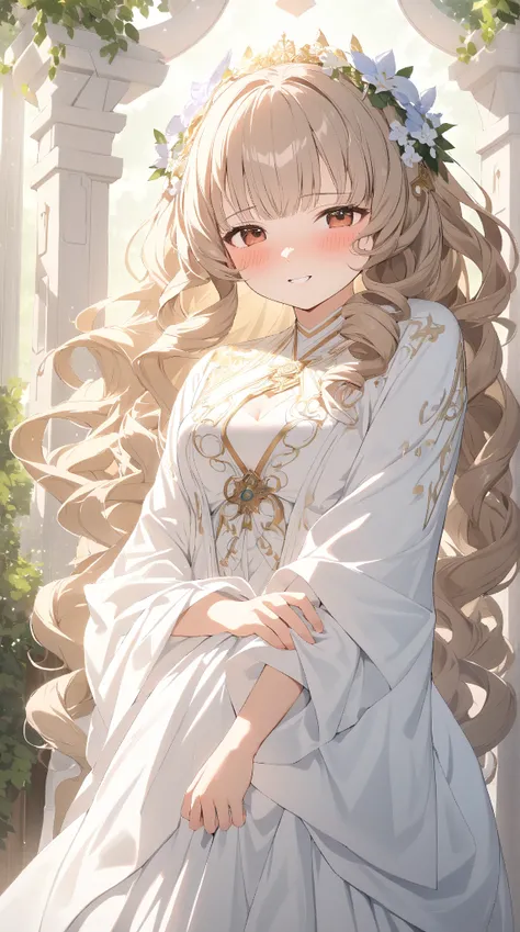 1 girl, ( cute face), Curly Hair , to many hairstyle, White costume of the fantasy Priestess,  Light Blue Cloak ,  Pottery skin ,  medium breasts, (blush:1.4),  cowboy shot, break,  soft light , (Dreamy Light:1.2), Friendly atmosphere,  Moment of Falling i...