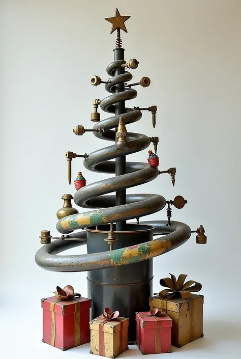  A metal tree ,  as the base, the gas cylinder ,  leaves the base of the tree up ,  around the spiral tube rises to the upper lug , , which is what makes the Christmas tree frame ,  burners together, the stars head ,  and the spiral pipe mentioned earlier ...